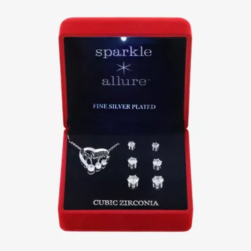 Sparkle Allure Light Up Box Mom Womens Cubic Zirconia Pure Silver Over Brass Heart 4-pc. Jewelry Set