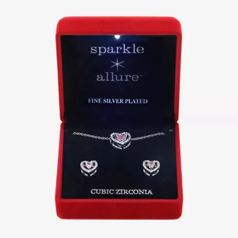 Sparkle Allure Light Up Box Halo Womens Pink Cubic Zirconia Pure Silver Over Brass Heart 2-pc. Jewelry Set