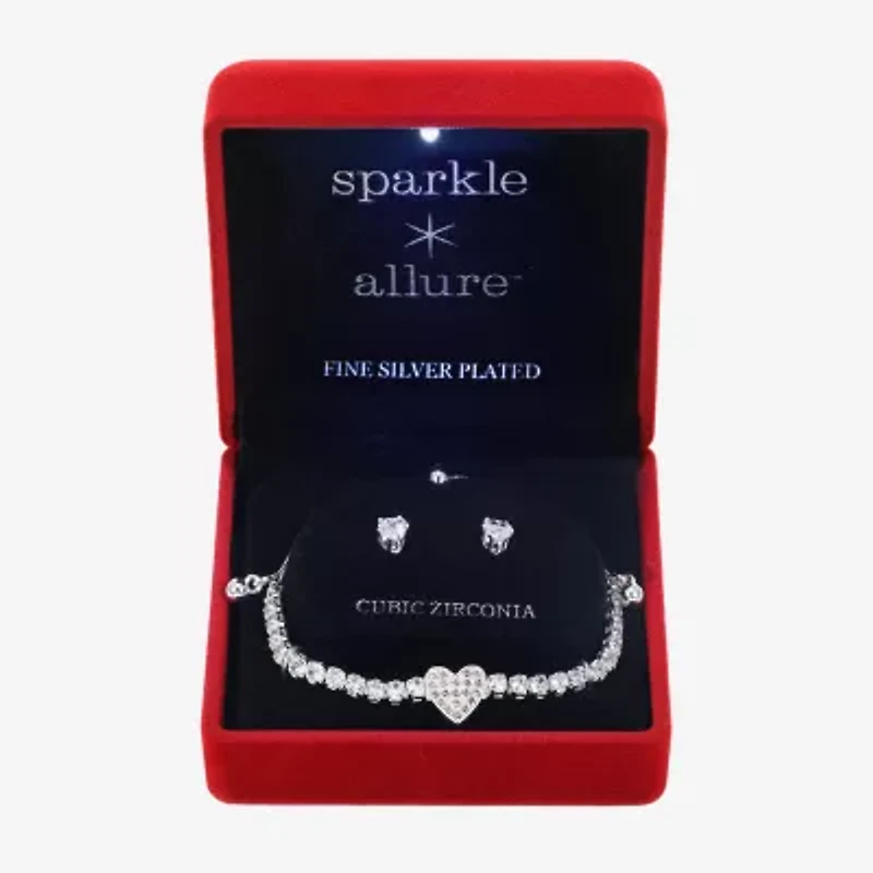 Sparkle Allure Light Up Box Womens Cubic Zirconia Pure Silver Over Brass Heart 2-pc. Jewelry Set