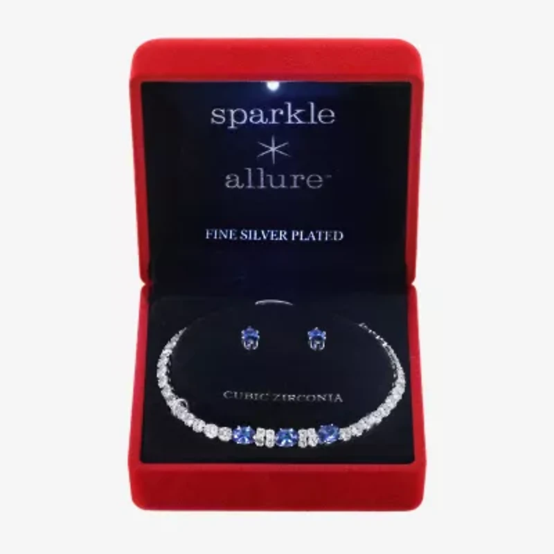 Sparkle Allure Light Up Box Womens Blue Cubic Zirconia Pure Silver Over Brass Oval 2-pc. Jewelry Set