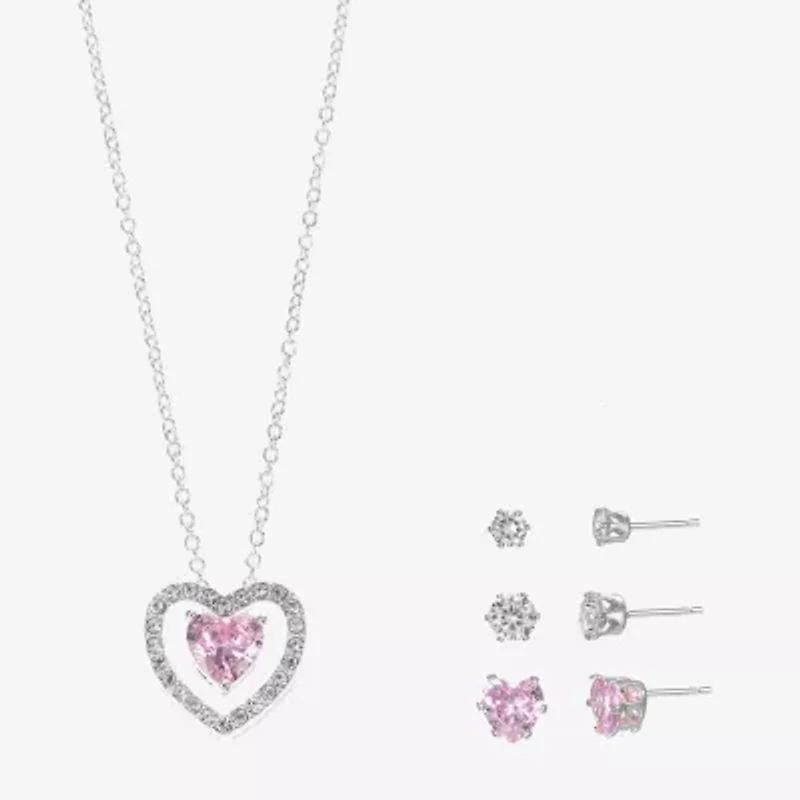 Sparkle Allure Light Up Box Womens Pink Cubic Zirconia Pure Silver Over Brass Heart 4-pc. Jewelry Set