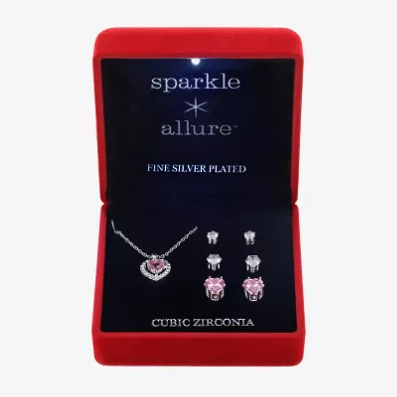 Sparkle Allure Light Up Box Womens Pink Cubic Zirconia Pure Silver Over Brass Heart 4-pc. Jewelry Set