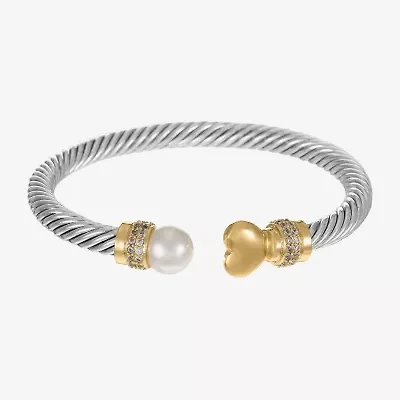 Sparkle Allure Rope Twist Cuff Womens Cubic Zirconia Simulated Pearl 14K Gold Over Brass Pure Silver Over Brass Heart Bangle Bracelet