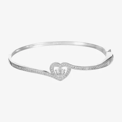 Sparkle Allure Bypass Womens Cubic Zirconia Pure Silver Over Brass Heart Bangle Bracelet