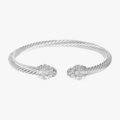 Sparkle Allure Cuff Rope Twist Womens Cubic Zirconia Pure Silver Over Brass Round Bangle Bracelet