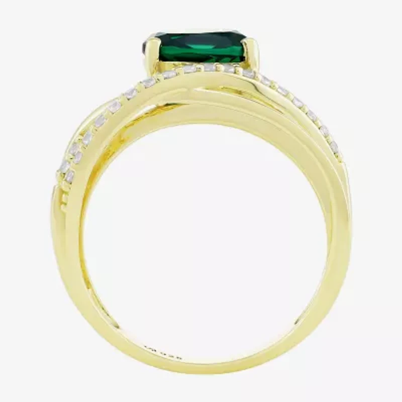 Womens Lab Created Green Emerald 14K Gold Over Silver Oval Crossover Cocktail Ring