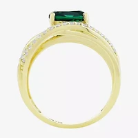 Womens Lab Created Green Emerald 14K Gold Over Silver Oval Crossover Cocktail Ring