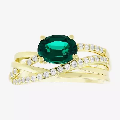 Womens Lab Created Green Emerald 14K Gold Over Silver Oval Crossover Cocktail Ring