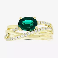 Womens Lab Created Green Emerald 14K Gold Over Silver Oval Crossover Cocktail Ring