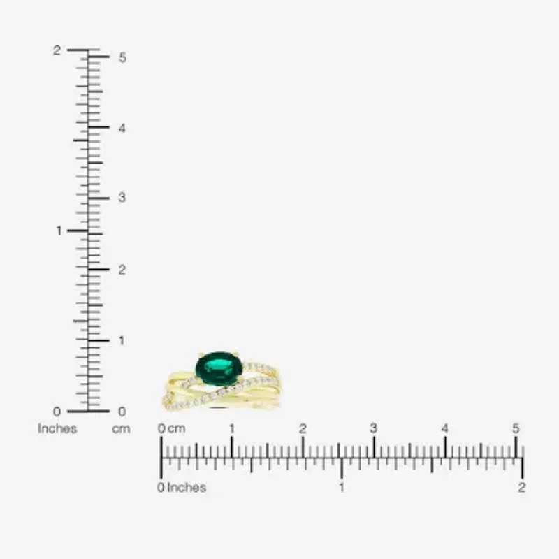 Womens Lab Created Green Emerald 14K Gold Over Silver Oval Crossover Cocktail Ring