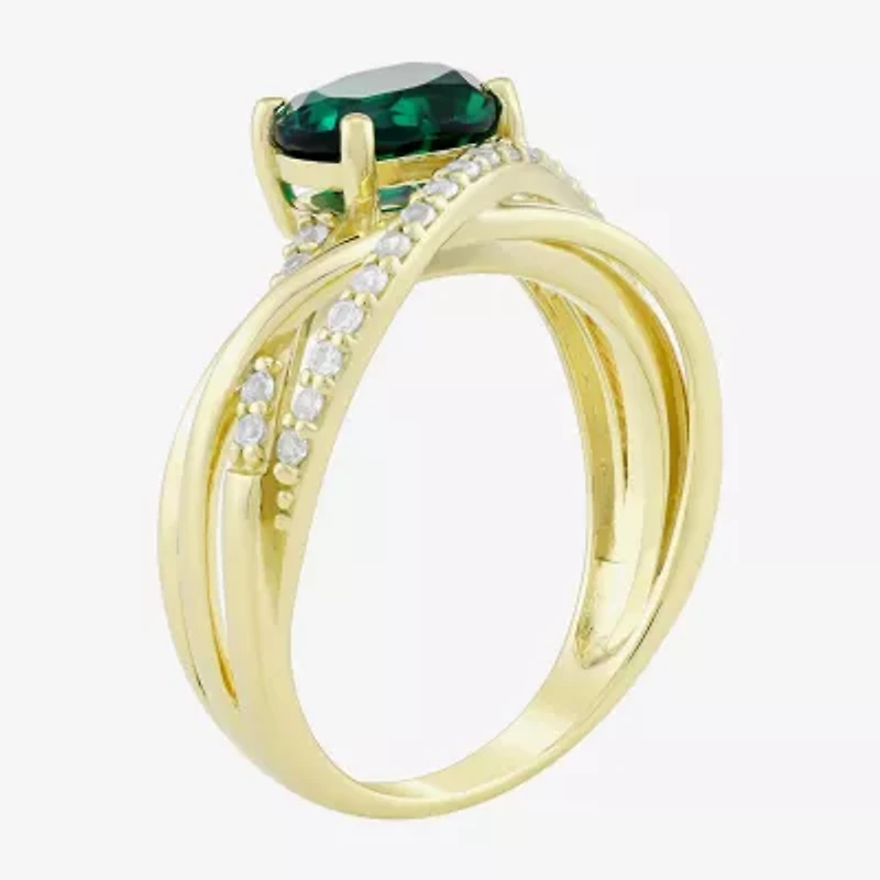 Womens Lab Created Green Emerald 14K Gold Over Silver Oval Crossover Cocktail Ring