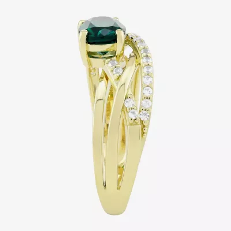 Womens Lab Created Green Emerald 14K Gold Over Silver Oval Crossover Cocktail Ring