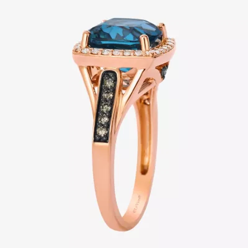 Levian Corp Le Vian Womens Genuine Blue Topaz 14K Rose Gold Halo Side Stone Cocktail Ring