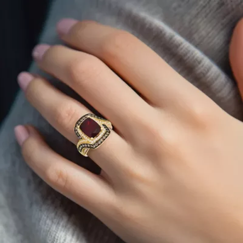 Levian Corp Womens Genuine Red Garnet 14K Gold Halo Side Stone Cocktail Ring