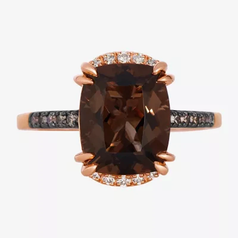 Levian Corp Womens 1/5 CT. Genuine Brown Quartz 14K Rose Gold Cushion Side Stone Cocktail Ring