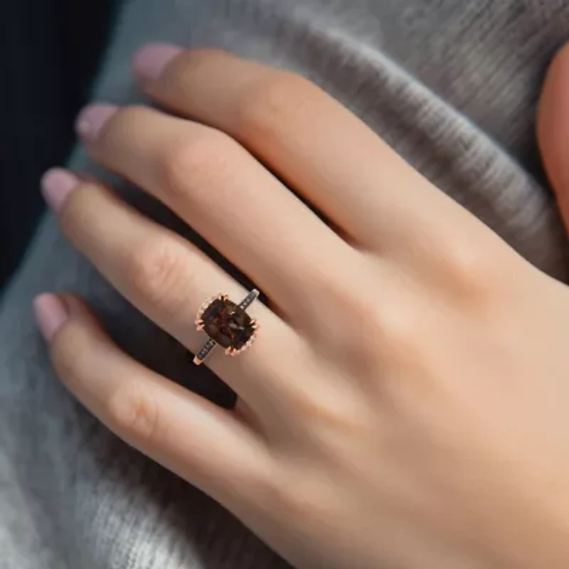 Levian Corp Womens 1/5 CT. Genuine Brown Quartz 14K Rose Gold Cushion Side Stone Cocktail Ring
