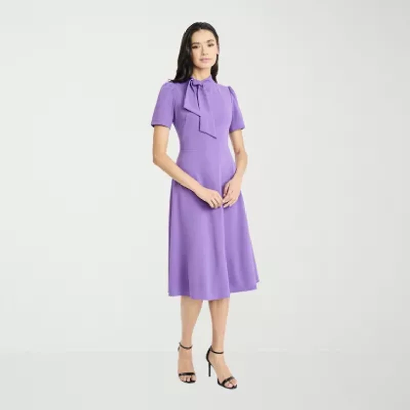 London Style Womens Short Sleeve Midi Fit + Flare Dress