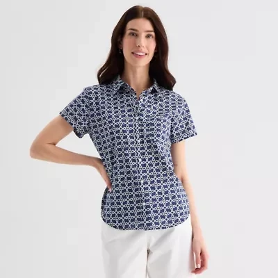 St. John's Bay Womens Tall Short Sleeve Regular Fit Button-Down Shirt