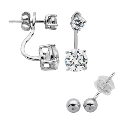 DiamonArt® White Cubic Zirconia Sterling Silver 2 Pair Earring Set