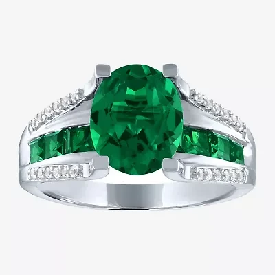 Womens Lab Created Green Emerald Sterling Silver Cocktail Ring