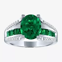 Womens Lab Created Green Emerald Sterling Silver Cocktail Ring