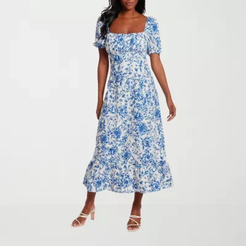 Clover And Sloane Womens Short Sleeve Floral Midi Fit + Flare Dress
