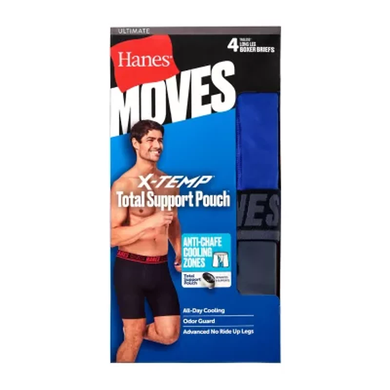 Hanes Moves X-Temp Performance Total Support Pouch Mens 4 Pack Long Leg Boxer Briefs Umsld4