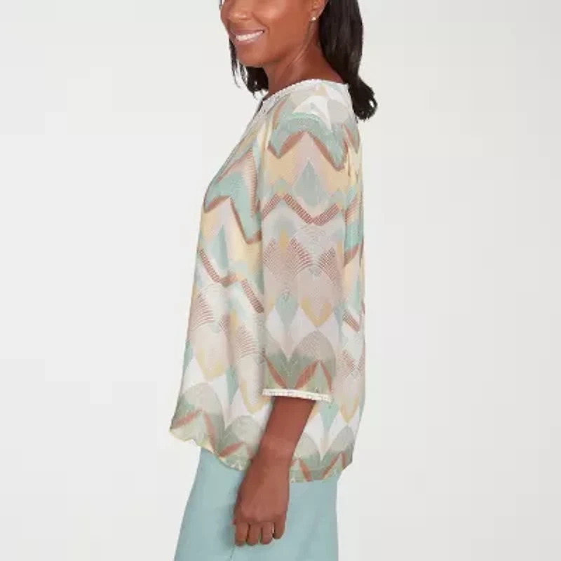 Alfred Dunner Kensington Garden Womens Split Crew Neck 3/4 Sleeve Blouse