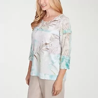 Alfred Dunner Kensington Garden Womens Crew Neck 3/4 Sleeve T-Shirt