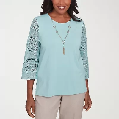 Alfred Dunner Kensington Garden Womens Crew Neck 3/4 Sleeve T-Shirt