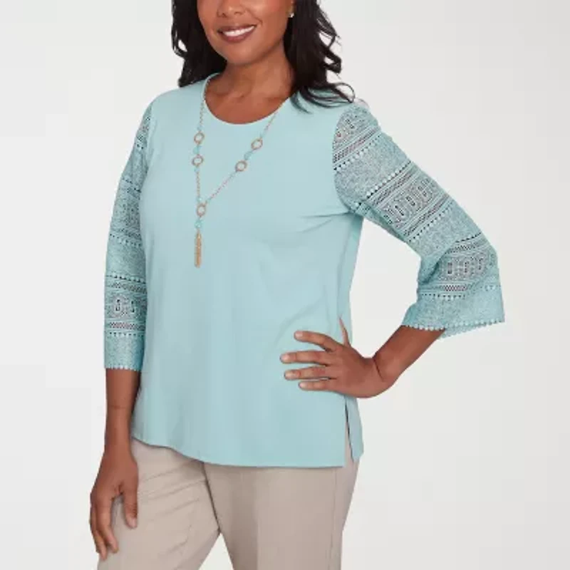 Alfred Dunner Kensington Garden Womens Crew Neck 3/4 Sleeve T-Shirt