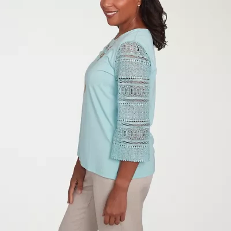 Alfred Dunner Kensington Garden Womens Crew Neck 3/4 Sleeve T-Shirt