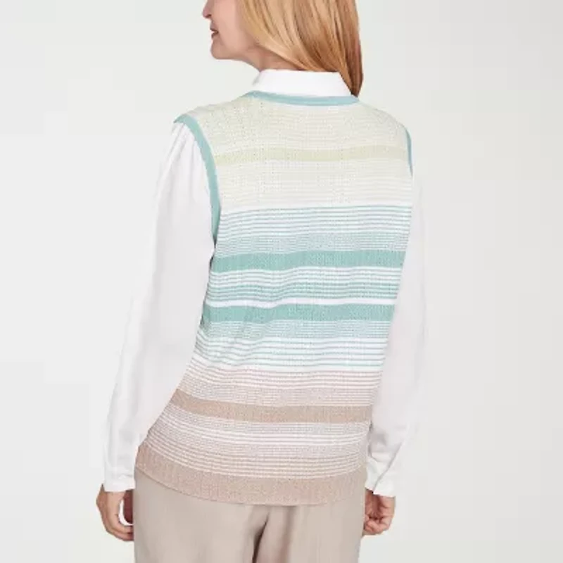 Alfred Dunner Kensington Garden Womens Long Sleeve Striped Layered Sweater