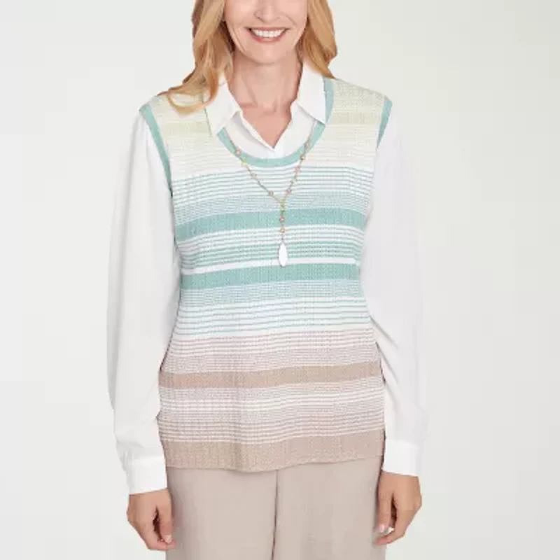 Alfred Dunner Kensington Garden Womens Long Sleeve Striped Layered Sweater