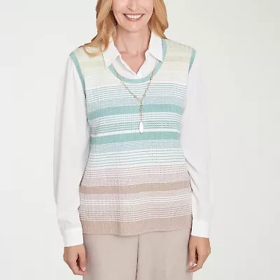 Alfred Dunner Kensington Garden Womens Long Sleeve Striped Layered Sweater
