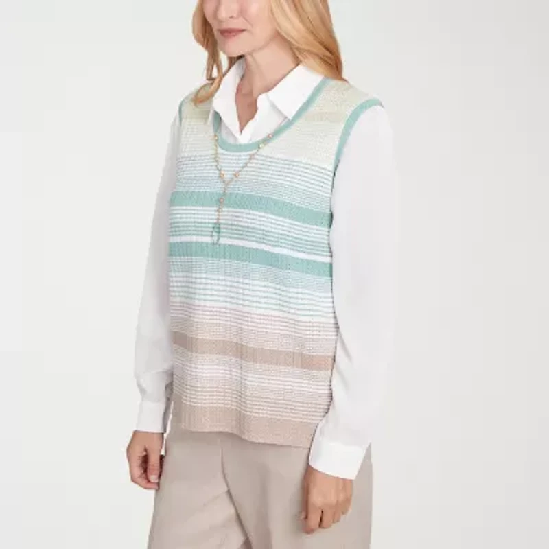 Alfred Dunner Kensington Garden Womens Long Sleeve Striped Layered Sweater