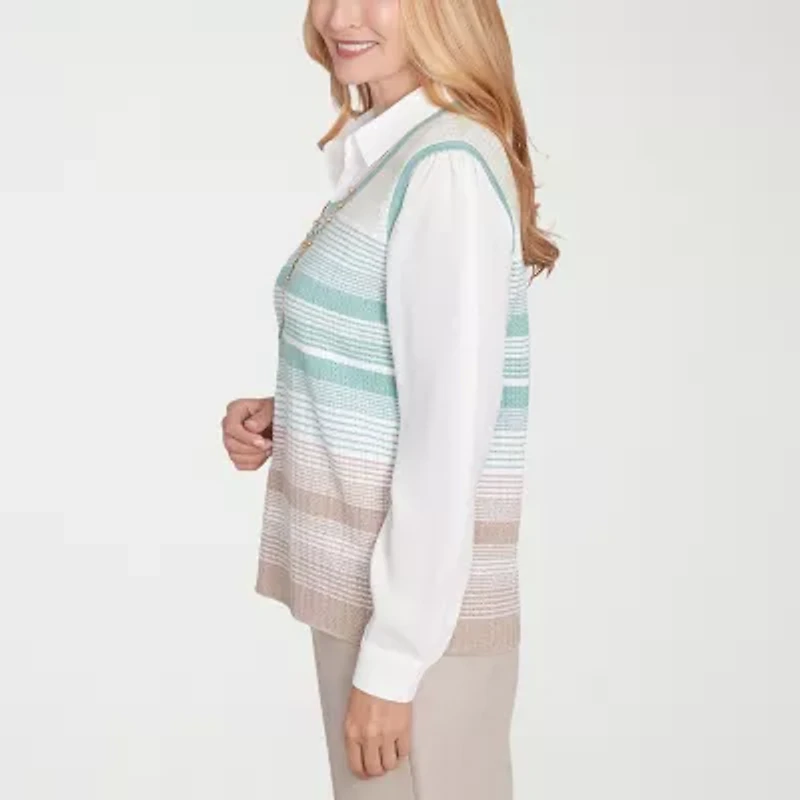Alfred Dunner Kensington Garden Womens Long Sleeve Striped Layered Sweater