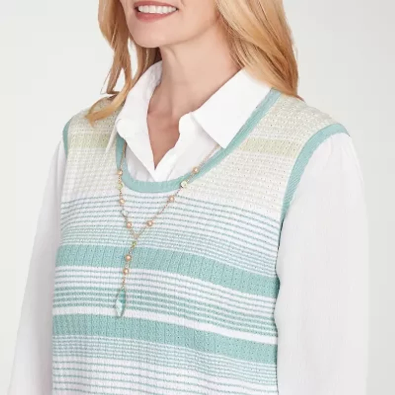 Alfred Dunner Kensington Garden Womens Long Sleeve Striped Layered Sweater