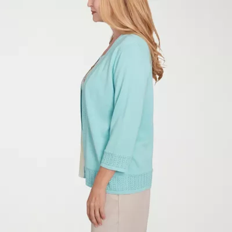 Alfred Dunner Kensington Garden Womens Round Neck 3/4 Sleeve Layered Sweater