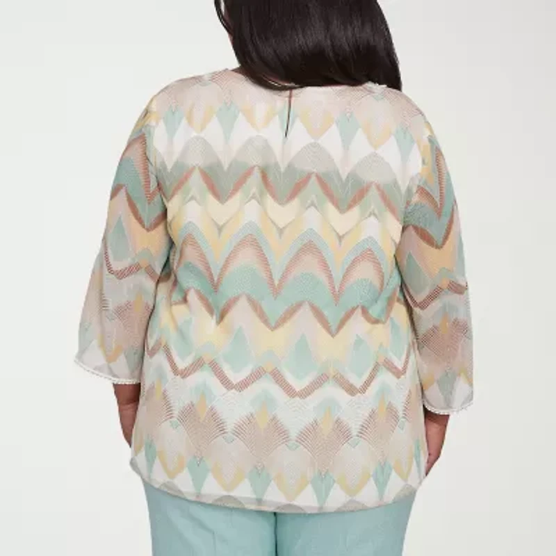 Alfred Dunner Kensington Garden Womens Split Crew Neck 3/4 Sleeve Plus Blouse