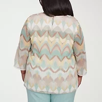 Alfred Dunner Kensington Garden Womens Split Crew Neck 3/4 Sleeve Plus Blouse