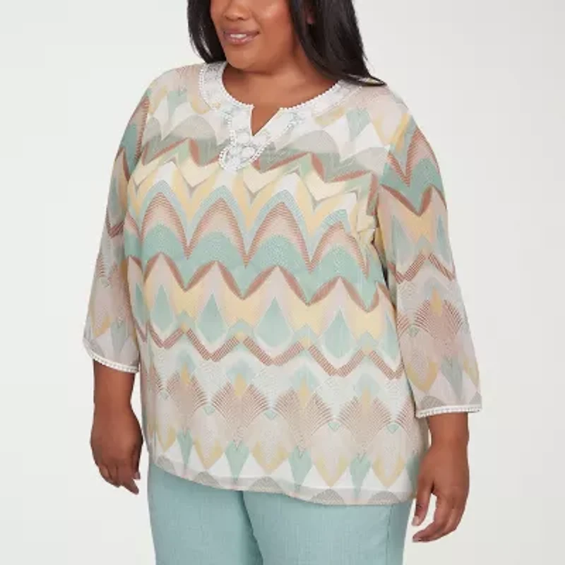 Alfred Dunner Kensington Garden Womens Split Crew Neck 3/4 Sleeve Plus Blouse