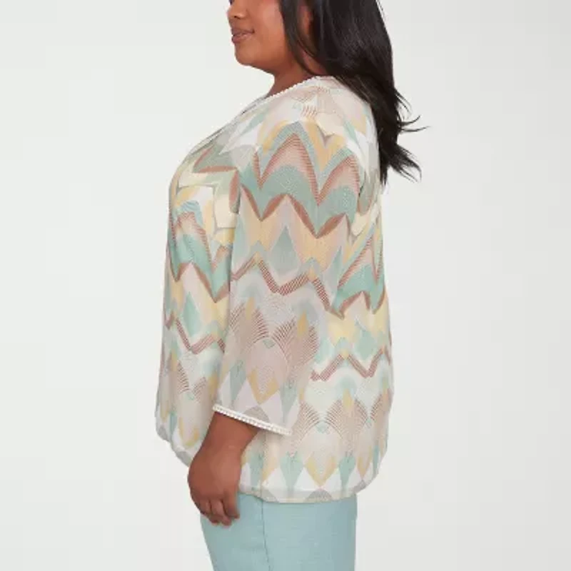 Alfred Dunner Kensington Garden Womens Split Crew Neck 3/4 Sleeve Plus Blouse