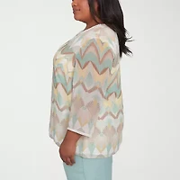 Alfred Dunner Kensington Garden Womens Split Crew Neck 3/4 Sleeve Plus Blouse