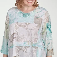 Alfred Dunner Kensington Garden Womens Crew Neck 3/4 Sleeve Plus T-Shirt