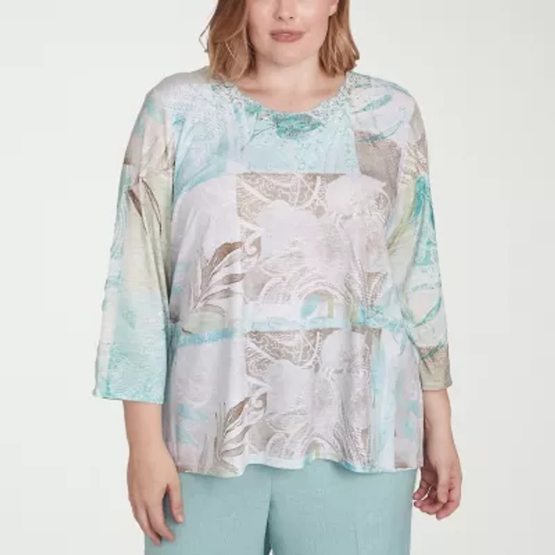 Alfred Dunner Kensington Garden Womens Crew Neck 3/4 Sleeve Plus T-Shirt