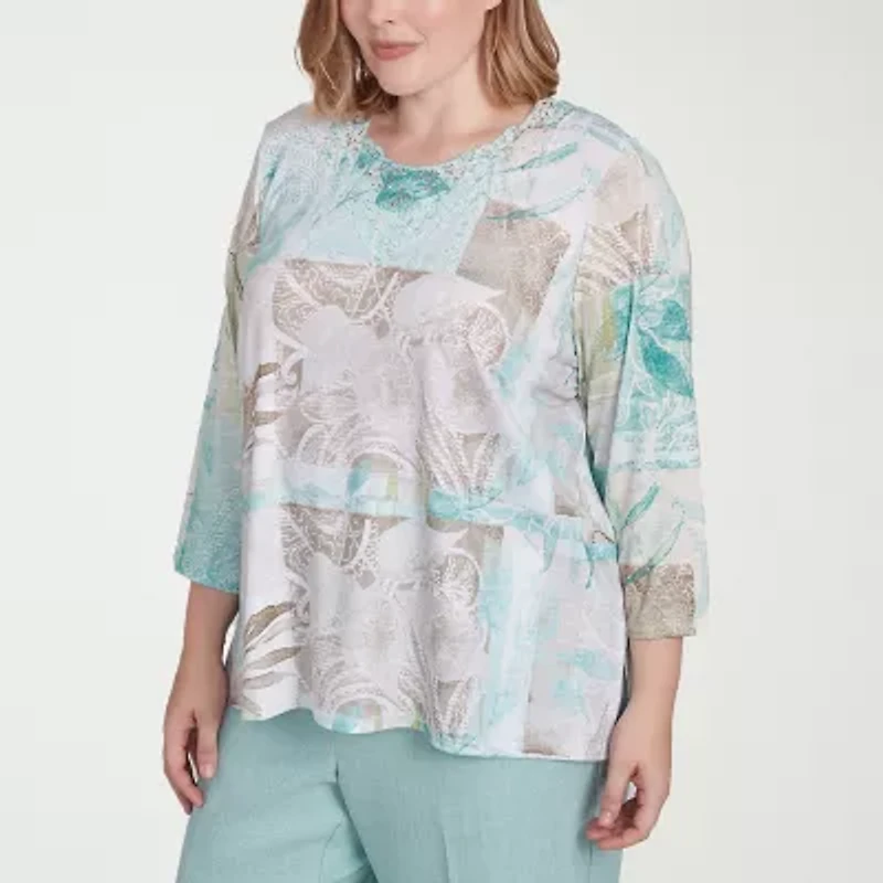 Alfred Dunner Kensington Garden Womens Crew Neck 3/4 Sleeve Plus T-Shirt