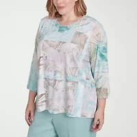 Alfred Dunner Kensington Garden Womens Crew Neck 3/4 Sleeve Plus T-Shirt