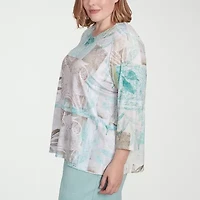 Alfred Dunner Kensington Garden Womens Crew Neck 3/4 Sleeve Plus T-Shirt