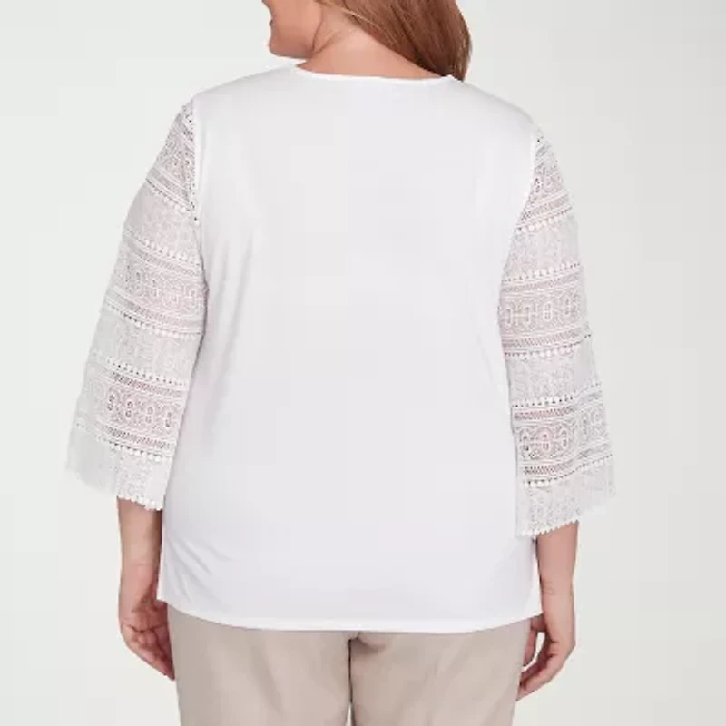 Alfred Dunner Kensington Garden Womens Crew Neck 3/4 Sleeve Plus T-Shirt
